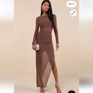 NWT Lulus Alluring Silhouette Sheer Bandeau Dress With Side Slit Brown XL